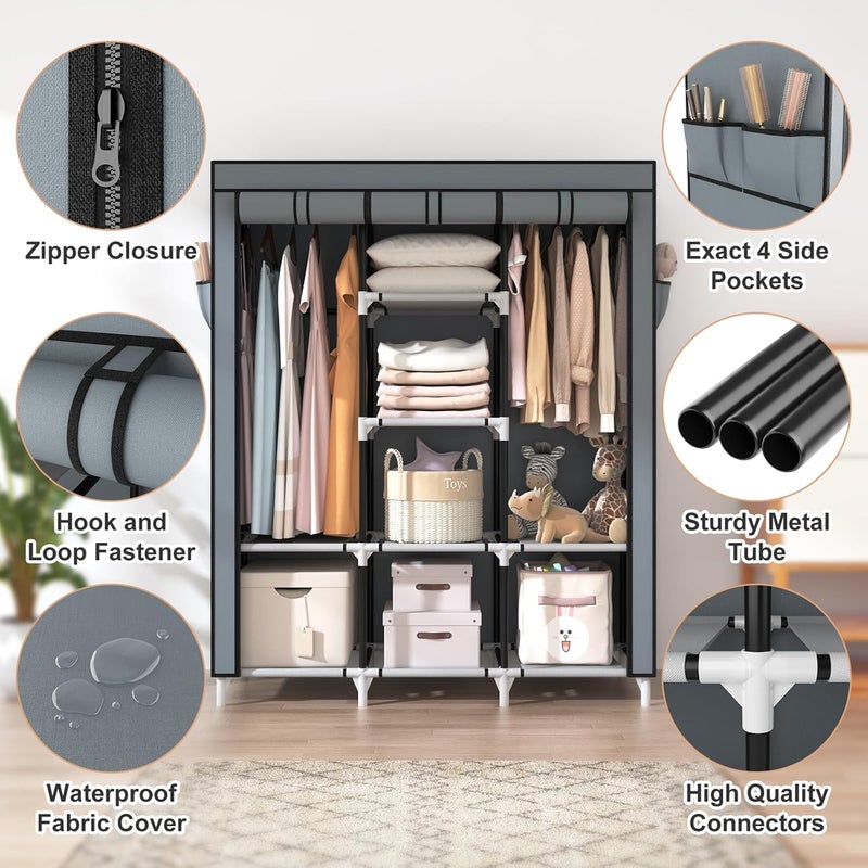 VTIN Portable Closet Wardrobe for Hanging Clothes with 2 Hanging Rods and 8 Storage Organizer Shelves,Sturdy Large Wardrobe Closet for Bedroom Free Standing Clothes Rack with Cover,Grey - Image 4